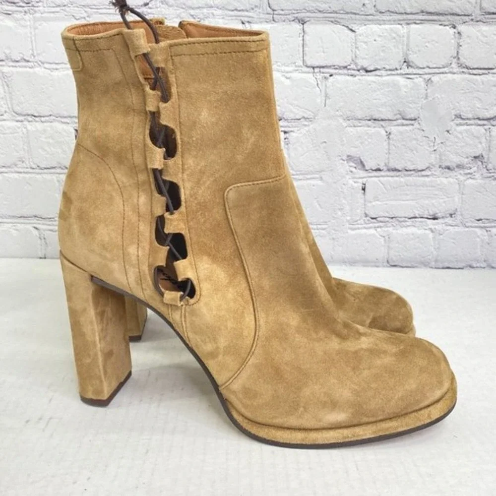Free People Cecile Ankle Boots Suede Lace Up Side Block Heel Tan Camel Size 41